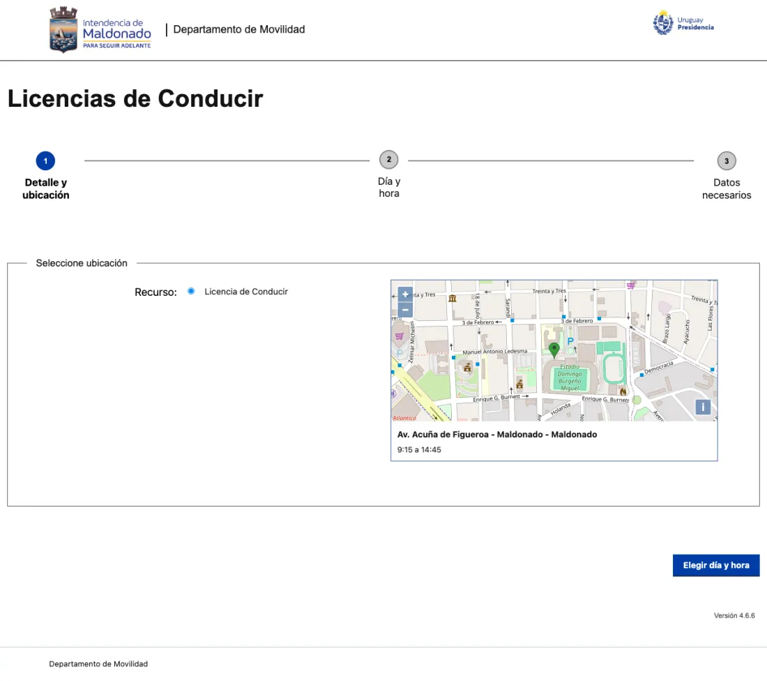 Портал записи интендансии Мальдонадо, шаг 1: выбор ресурса «Licencia de Conducir» и точки приёма на карте